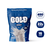 Embalagem de BOLD Whey Cookies & Cream 450g com 22g de proteína por dose e 15 doses